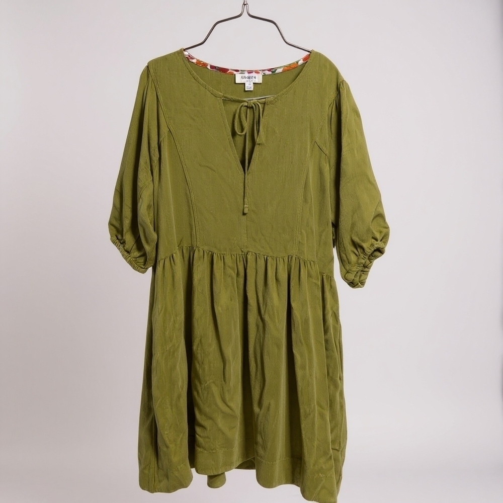 Umgee Green Linen Blend Midi Dress with Tie Neck Small